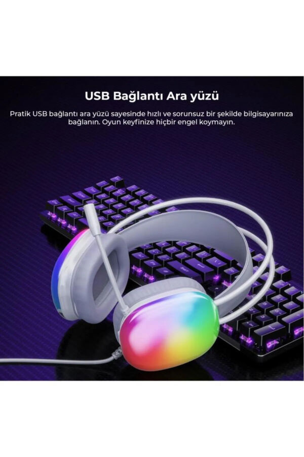Lecoo HT409 RGB Işıklı USB Mikrofonlu Kablolu Oyuncu Kulak Üstü Gaming Kulaklık Beyaz - 7