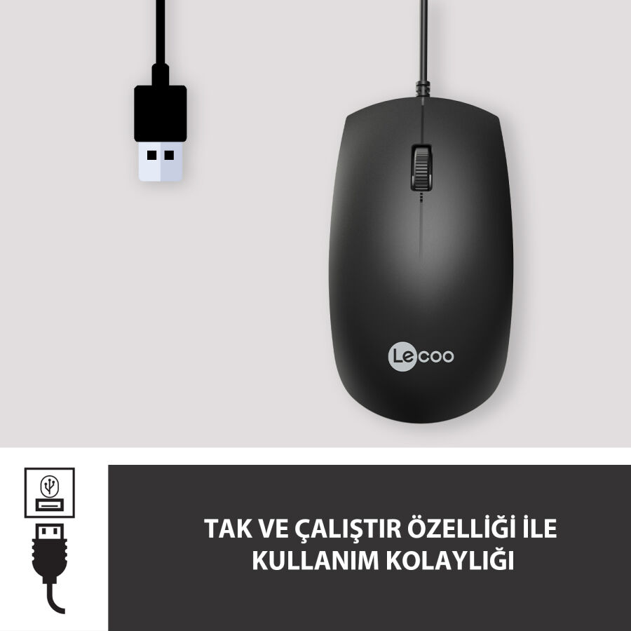 Lecoo MS100 USB Kablolu 1000 DPI 3 Tuşlu Optik Mouse Siyah - 5
