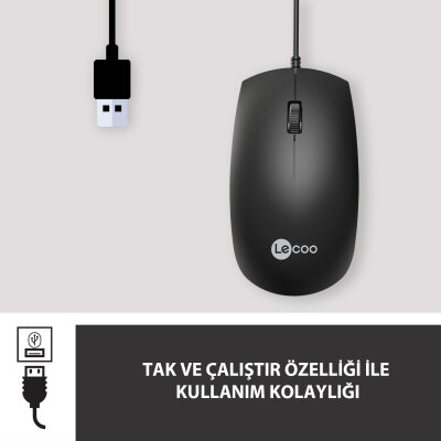 Lecoo MS100 USB Kablolu 1000 DPI 3 Tuşlu Optik Mouse Siyah - 5