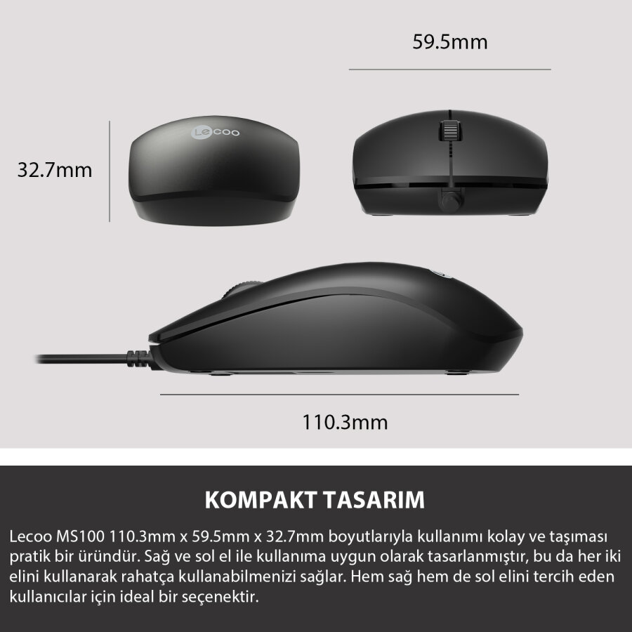 Lecoo MS100 USB Kablolu 1000 DPI 3 Tuşlu Optik Mouse Siyah - 6