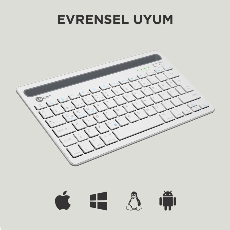 Lenovo Lecoo BK100 Çoklu Cihaz Özellikli Şarj Edilebilir Kablosuz Bluetooth Klavye Beyaz - 2