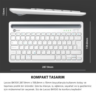 Lenovo Lecoo BK100 Çoklu Cihaz Özellikli Şarj Edilebilir Kablosuz Bluetooth Klavye Beyaz - 4