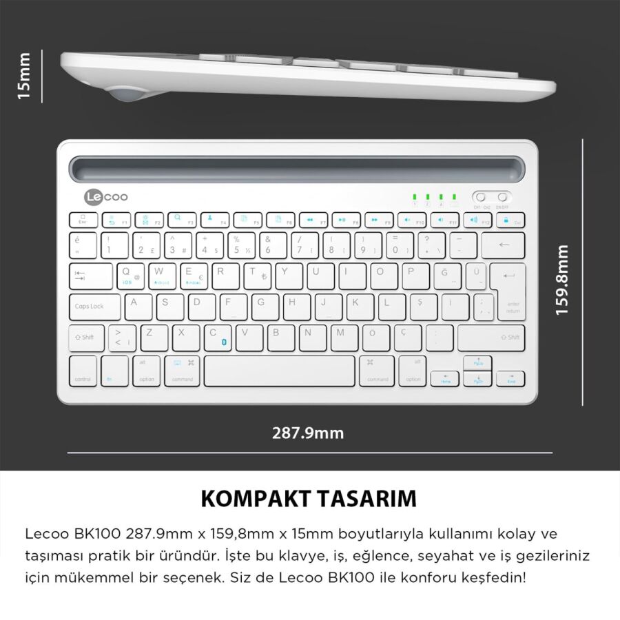 Lenovo Lecoo BK100 Çoklu Cihaz Özellikli Şarj Edilebilir Kablosuz Bluetooth Klavye Beyaz - 4