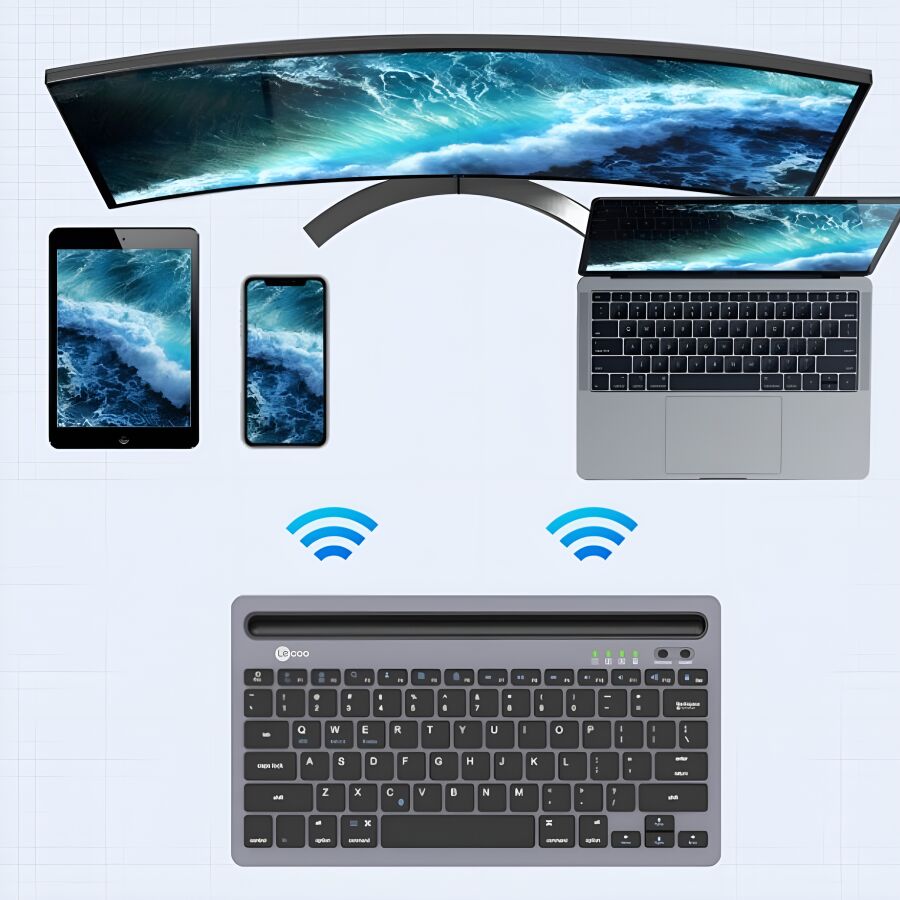 Lenovo Lecoo BK100 Çoklu Cihaz Özellikli Şarj Edilebilir Kablosuz Bluetooth Klavye Gri - 4