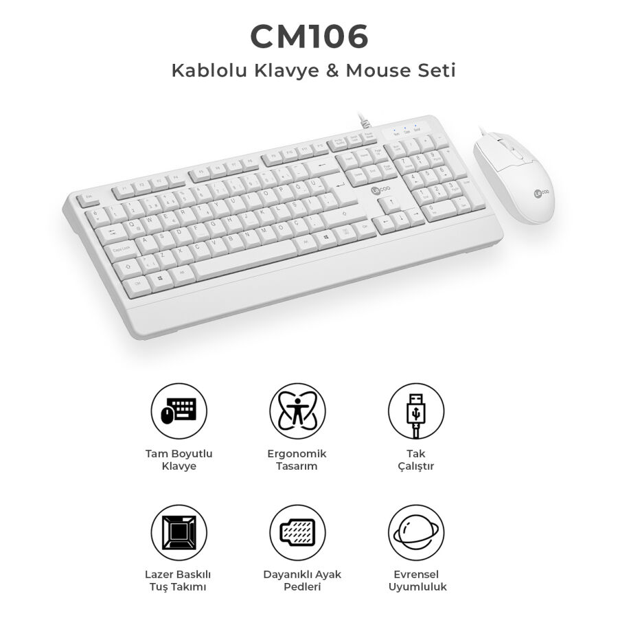 Lenovo Lecoo CM106 USB Kablolu Türkçe Q Klavye & Mouse Set Beyaz - 9