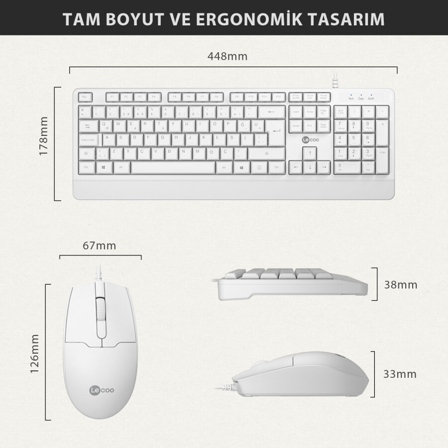 Lenovo Lecoo CM106 USB Kablolu Türkçe Q Klavye & Mouse Set Beyaz - 8