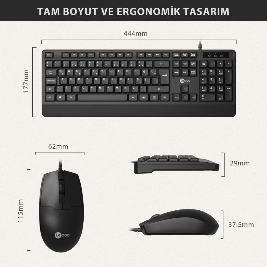 Lenovo Lecoo CM106 USB Kablolu Türkçe Q Klavye & Mouse Set Siyah - 8