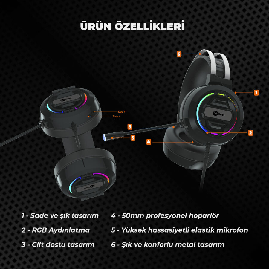 Lenovo Lecoo HT401 Kulak Üstü RGB Gaming Oyuncu Kulaklığı 3.5mm Jack + USB - 5