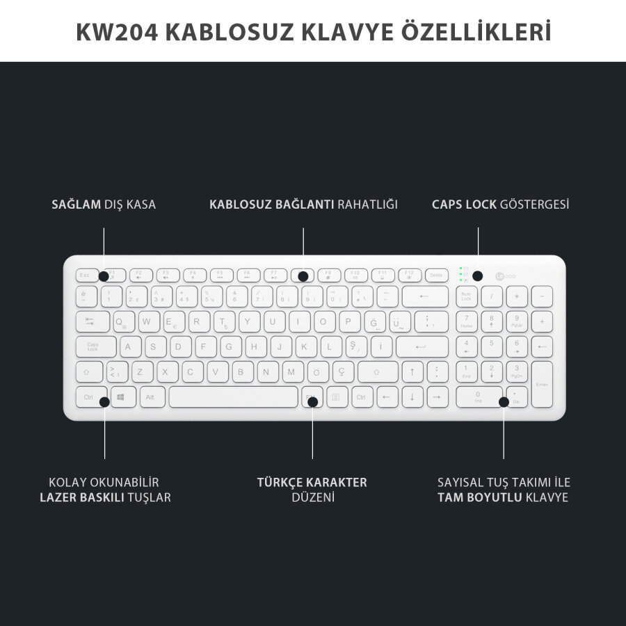 Lecoo KW204 Kablosuz Klavye & Mouse Set Beyaz - 10