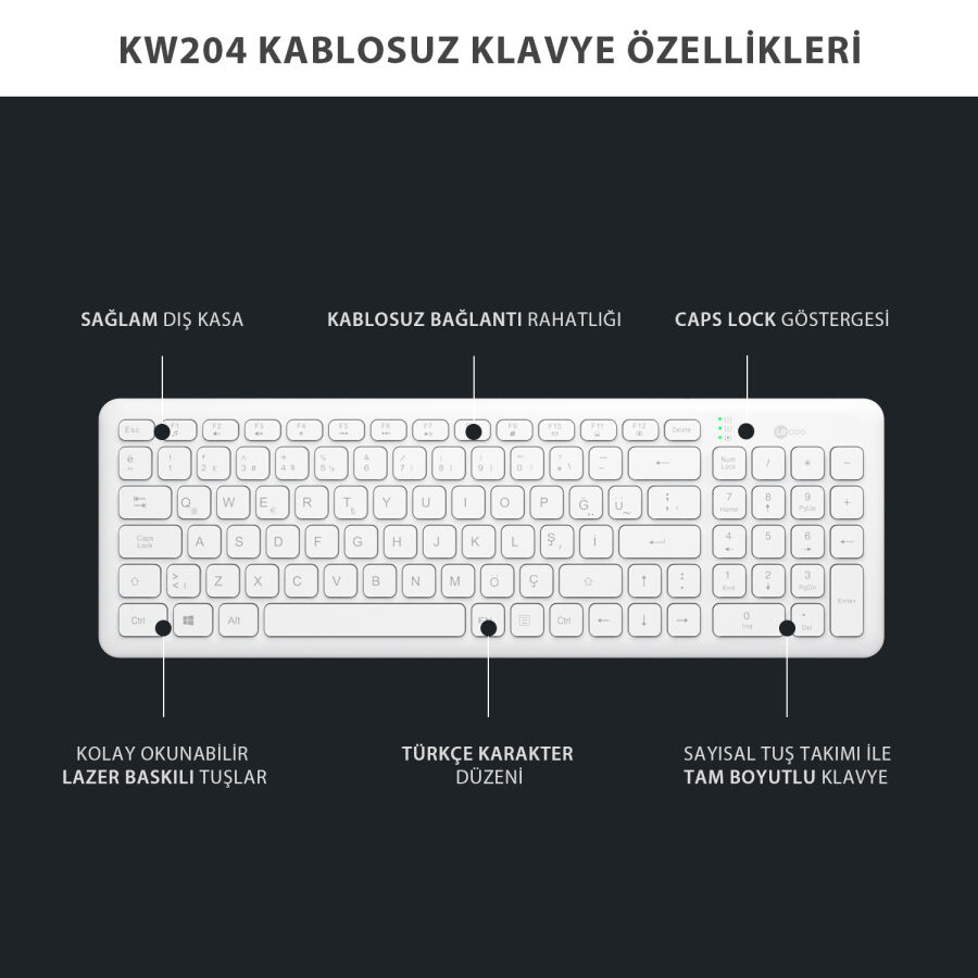 Lenovo Lecoo KW204 Kablosuz Klavye & Mouse Set Beyaz - 10
