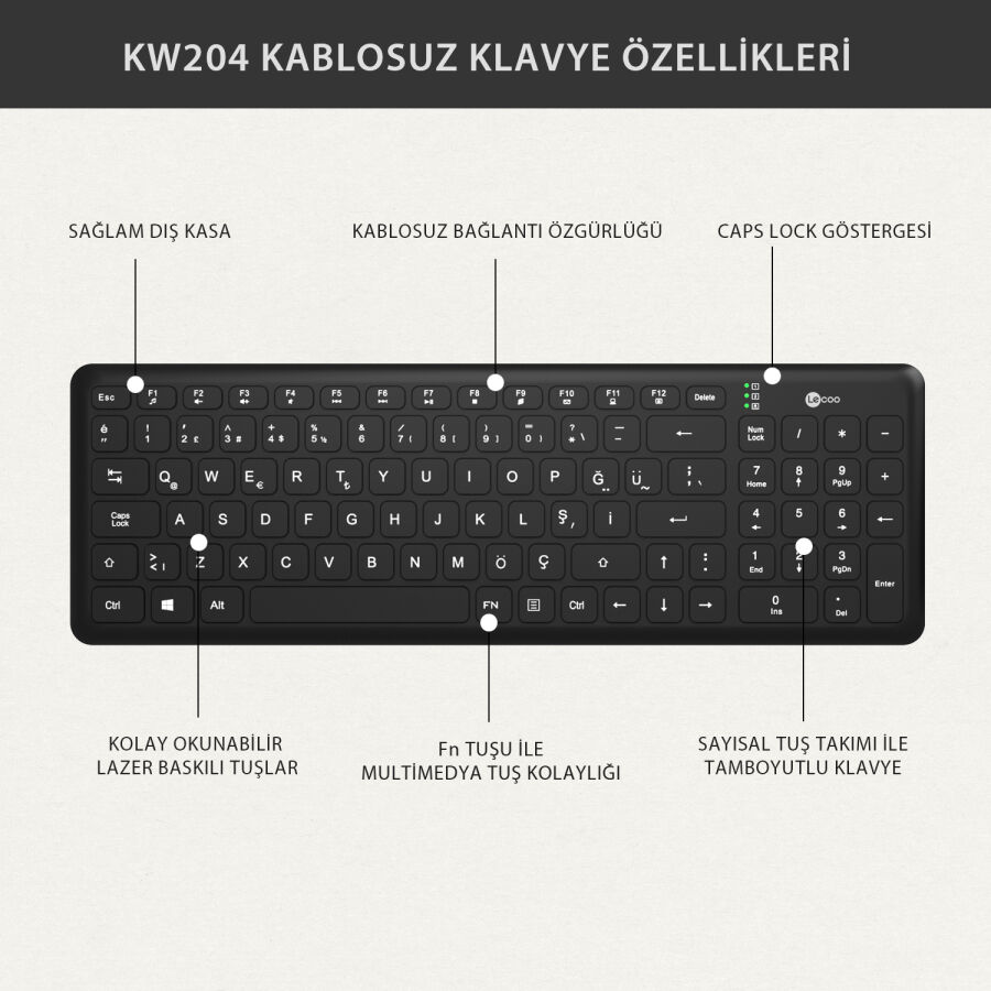 Lenovo Lecoo KW204 Kablosuz Klavye & Mouse Set Siyah - 9