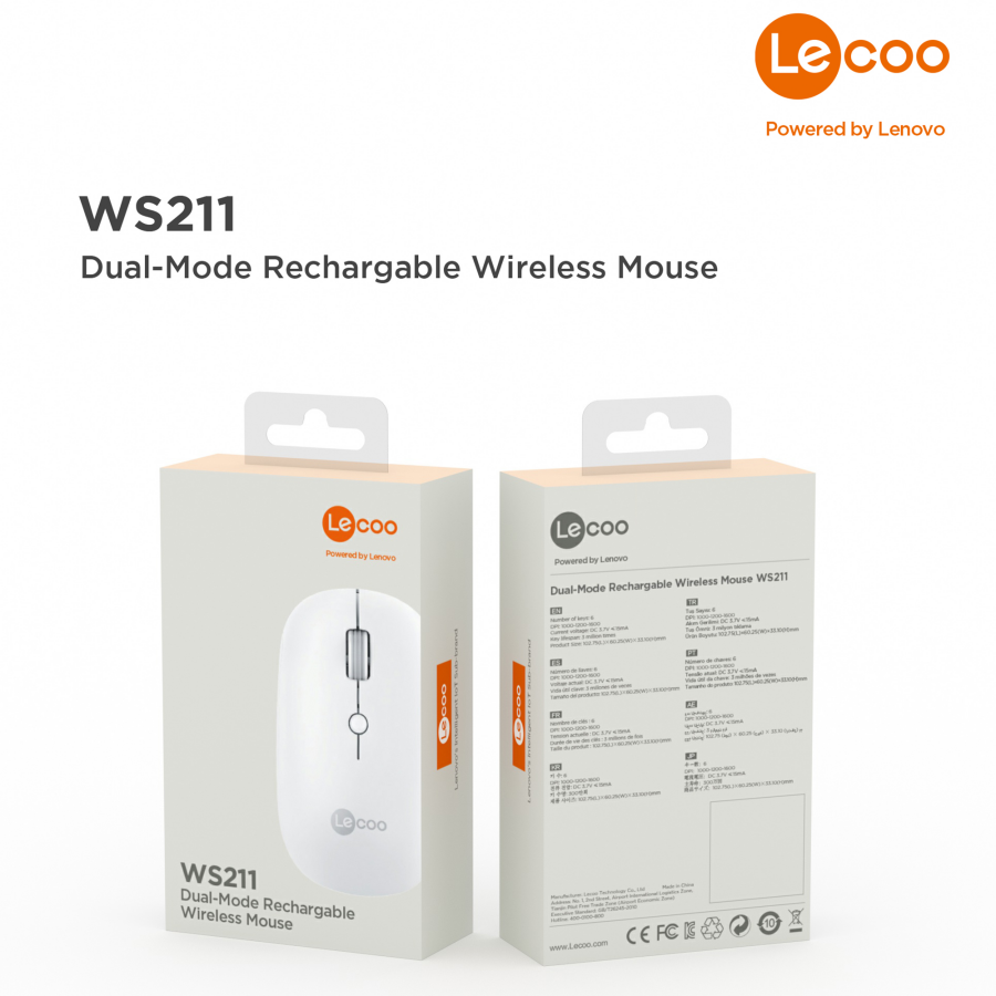 Lenovo Lecoo WS211 Dual Mod Bluetooth ve Kablosuz Şarj Edilebilir Optik Mouse Beyaz - 6