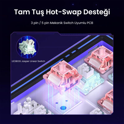 Leobog AMG65 Mekanik Gaming Oyuncu Klavyesi LED Matrix Ekranlı Jasper Switch RGB Hot Swap Pembe - 3