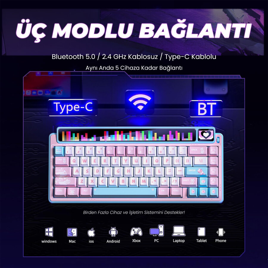 Leobog AMG65 Mekanik Gaming Oyuncu Klavyesi LED Matrix Ekranlı Jasper Switch RGB Hot Swap Pembe - 5
