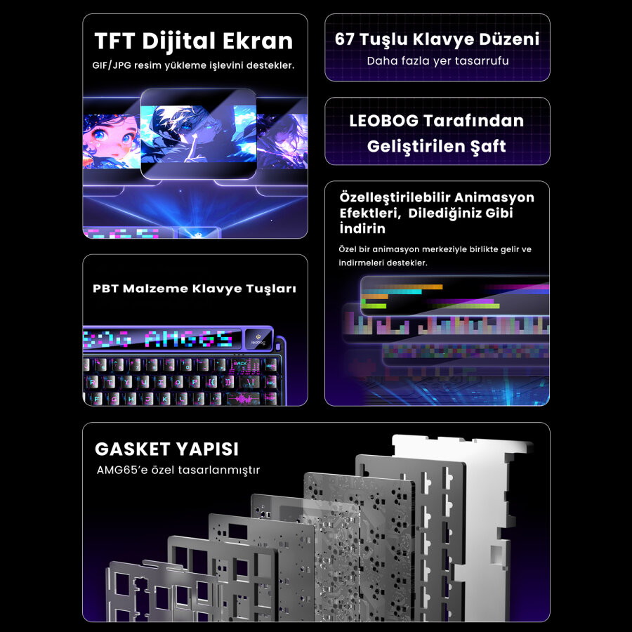 Leobog AMG65 Mekanik Gaming Oyuncu Klavyesi LED Matrix Ekranlı Jasper Switch RGB Hot Swap Pembe - 8