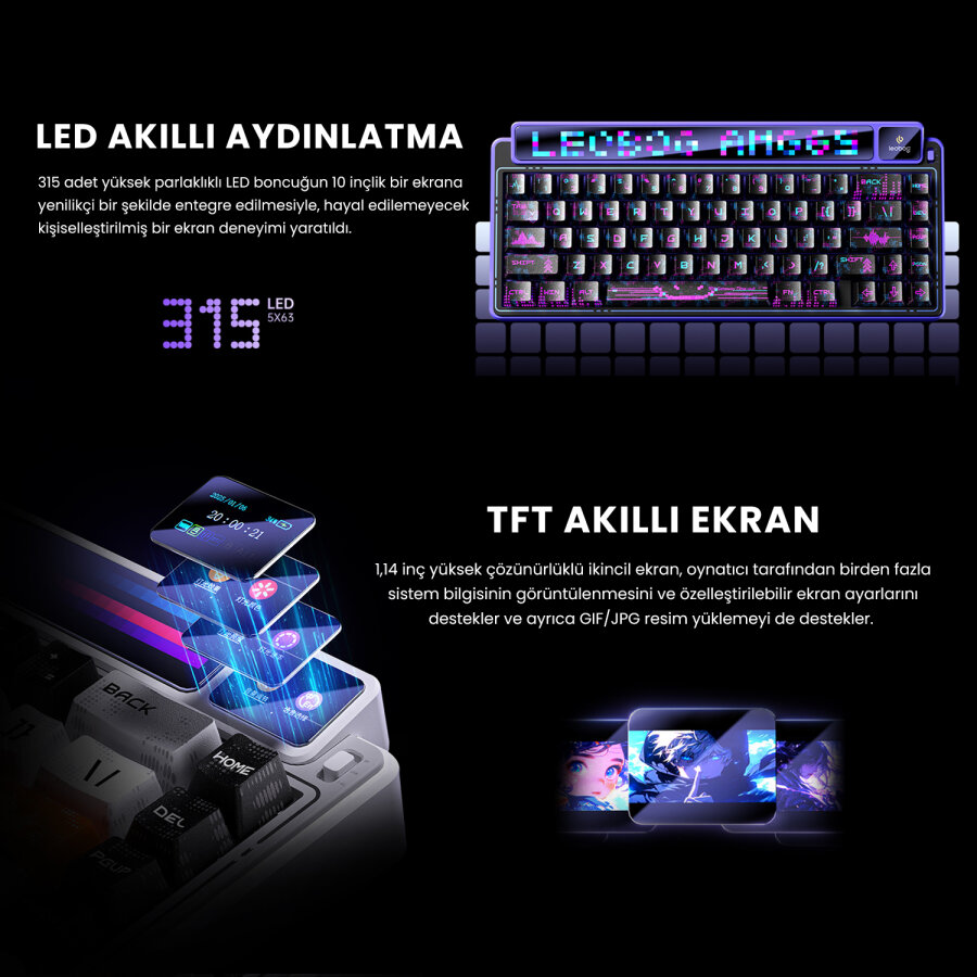 Leobog AMG65 Mekanik Gaming Oyuncu Klavyesi LED Matrix Ekranlı Jasper Switch RGB Hot Swap Siyah - 9