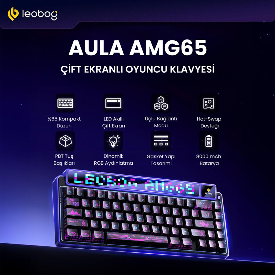 Leobog AMG65 Mekanik Gaming Oyuncu Klavyesi LED Matrix Ekranlı Silent Cotton Candy Switch RGB Hot Swap Siyah - 2