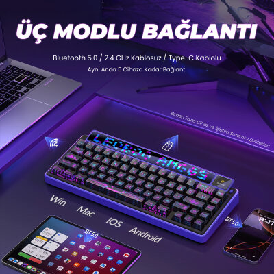 Leobog AMG65 Mekanik Gaming Oyuncu Klavyesi LED Matrix Ekranlı Silent Cotton Candy Switch RGB Hot Swap Siyah - 5
