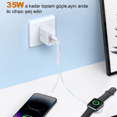 Novoo GaN 35W 2 Portlu USB-C PD Hızlı Şarj Cihazı Beyaz - 4