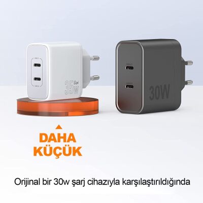 Novoo GaN 35W 2 Portlu USB-C PD Hızlı Şarj Cihazı Beyaz - 3