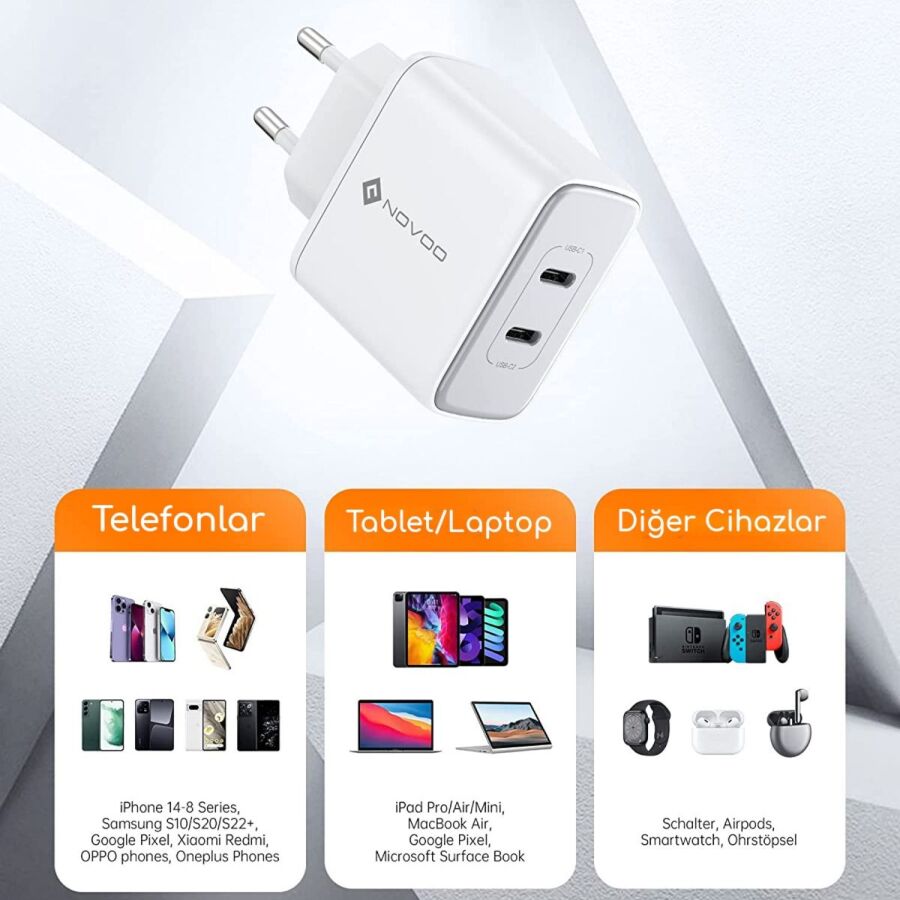 Novoo GaN 35W 2 Portlu USB-C PD Hızlı Şarj Cihazı Beyaz - 5