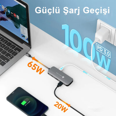 Novoo RS6 Pro Type-C to 4K HDMI 2*USB-A 3.2 ve 2*USB-C PD 100W AUX Dönüştürücü Adaptör - 4