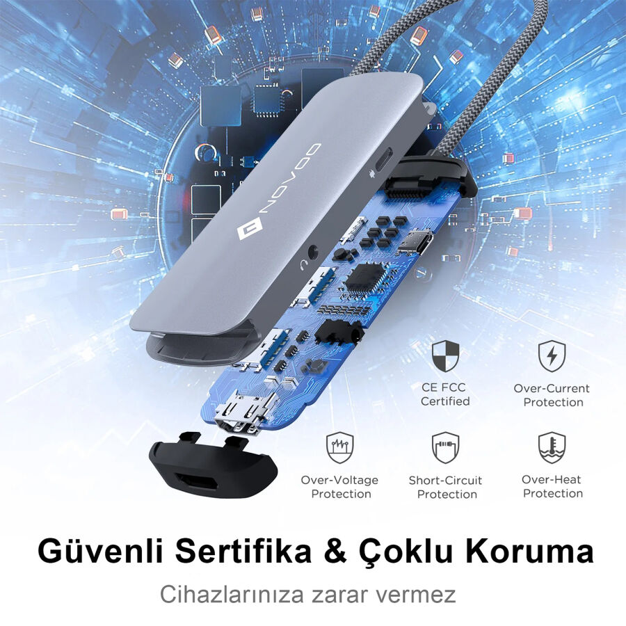 Novoo RS6 Pro Type-C to 4K HDMI 2*USB-A 3.2 ve 2*USB-C PD 100W AUX Dönüştürücü Adaptör - 7