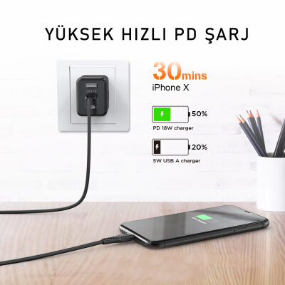 Novoo Type-C iPhone Lightning Hızlı Şarj Kablosu Siyah 1.8 Metre - 4