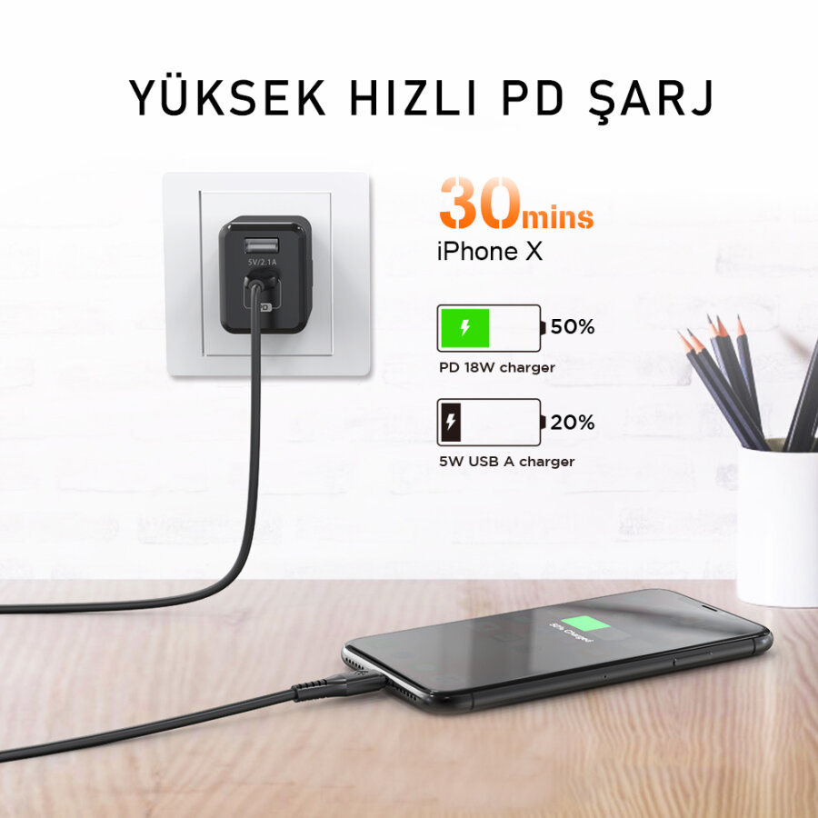 Novoo Type-C iPhone Lightning Hızlı Şarj Kablosu Siyah 1.8 Metre - 4