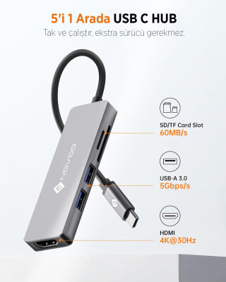 Novoo Type-C to 2*USB-A 3.0 4K HDMI TF SD Kart Okuyucu Dönüştürücü HUB - 2