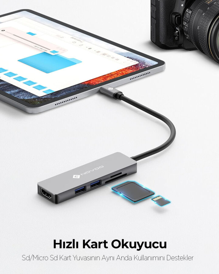 Novoo Type-C to 2*USB-A 3.0 4K HDMI TF SD Kart Okuyucu Dönüştürücü HUB - 5
