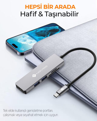 Novoo Type-C to 2*USB-A 3.0 4K HDMI TF SD Kart Okuyucu Dönüştürücü HUB - 6