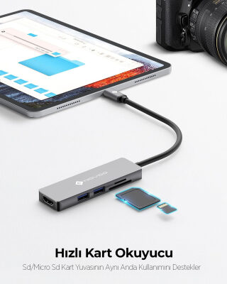 Novoo Type-C to 2*USB-A 3.0 4K HDMI TF SD Kart Okuyucu Dönüştürücü HUB - 5