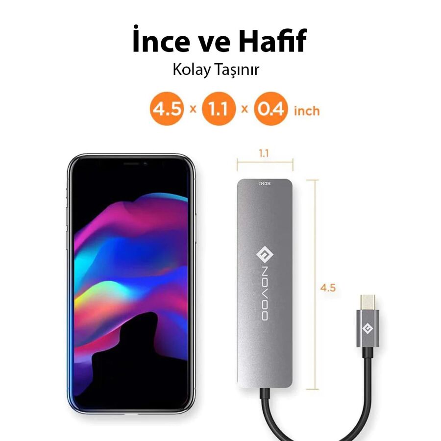 Novoo Type-C to 2*USB-A 3.0 PD 100W 4K HDMI TF SD Kart Okuyucu Dönüştürücü HUB - 5