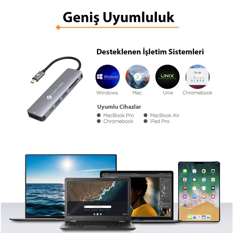 Novoo Type-C to 2*USB-A 3.0 PD 100W 4K HDMI TF SD Kart Okuyucu Dönüştürücü HUB - 6