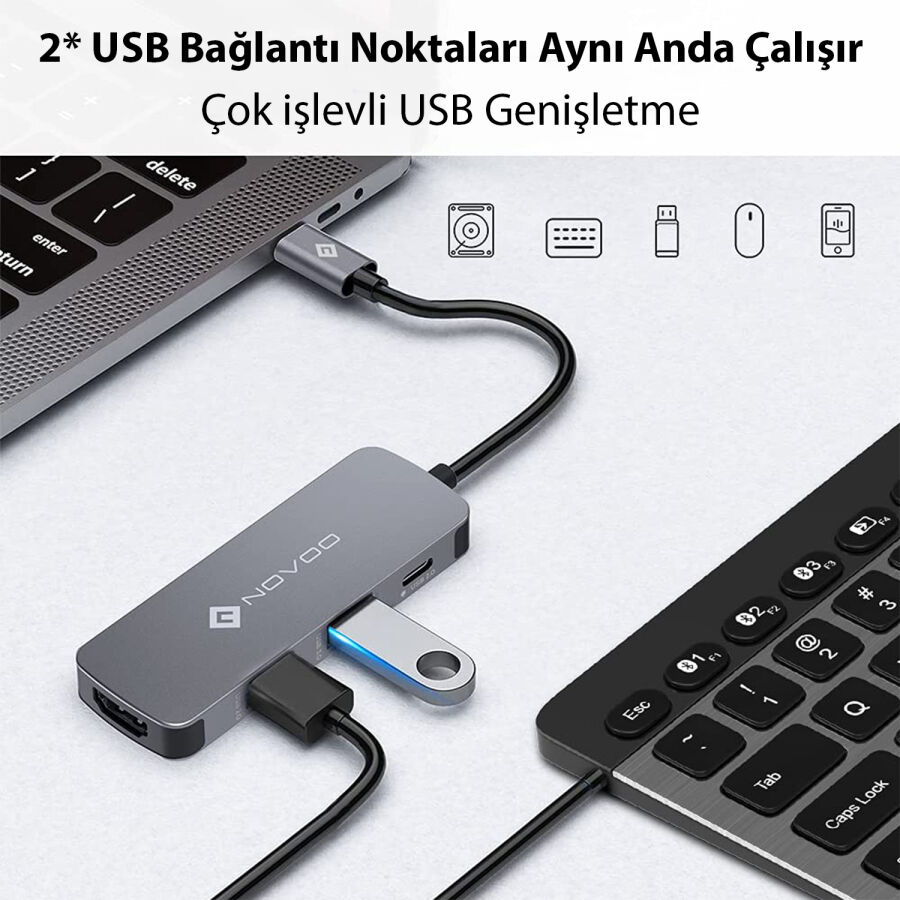 Novoo Type-C to 2*USB-A 4K HDMI PD 100W Dönüştürücü Adaptör - 4