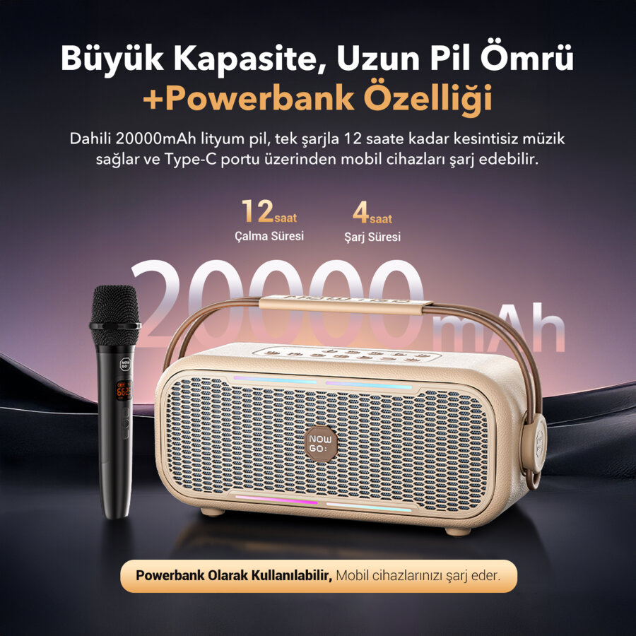 NowGo C1 100W Taşınabilir RGB IPX4 Bluetooth Hoparlör Mikrofonlu Karaoke Sistemi Bej - 4