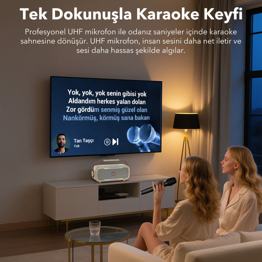 NowGo C1 100W Taşınabilir RGB IPX4 Bluetooth Hoparlör Mikrofonlu Karaoke Sistemi Bej - 6