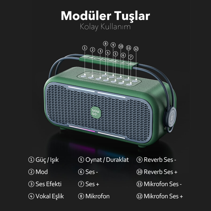 NOWGO C2 60W Bluetooth Hoparlör RGB IPX4 Taşınabilir Karaoke Sistemi Bej - 11