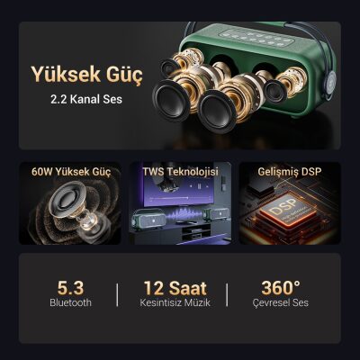 NOWGO C2 60W Bluetooth Hoparlör RGB IPX4 Taşınabilir Karaoke Sistemi Yeşil - 3