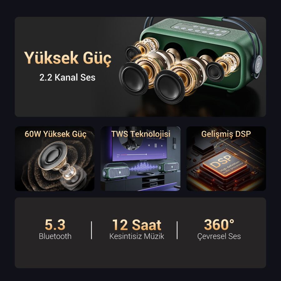 NOWGO C2 60W Bluetooth Hoparlör RGB IPX4 Taşınabilir Karaoke Sistemi Yeşil - 3