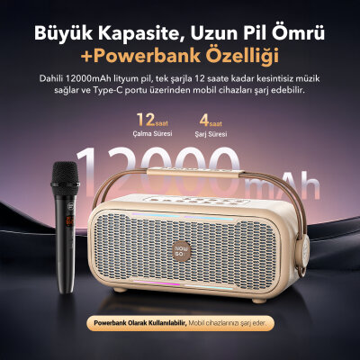 NOWGO C2 60W Mikrofonlu Bluetooth Hoparlör RGB IPX4 Taşınabilir Karaoke Sistemi Bej - 4