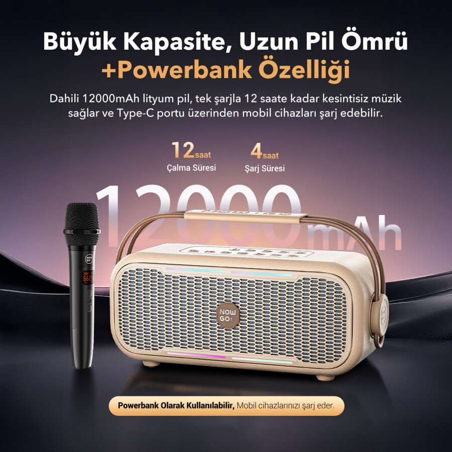 NOWGO C2 60W Mikrofonlu Bluetooth Hoparlör RGB IPX4 Taşınabilir Karaoke Sistemi Bej - 4