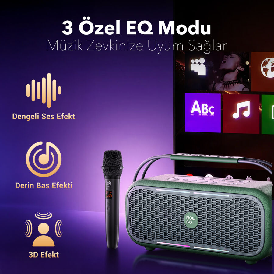 NOWGO C2 60W Mikrofonlu Bluetooth Hoparlör RGB IPX4 Taşınabilir Karaoke Sistemi Yeşil - 8