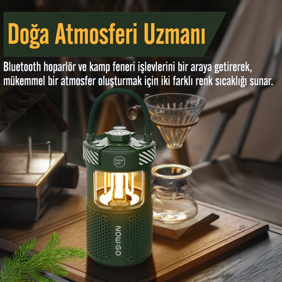 NowGo F1 20W Bluetoooth Hoparlör Taşınabilir Powerbank Kamp Feneri Bej - 4