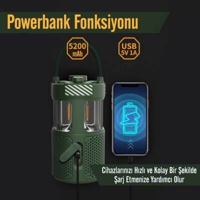 NowGo F1 20W Bluetoooth Hoparlör Taşınabilir Powerbank Kamp Feneri Yeşil - 5
