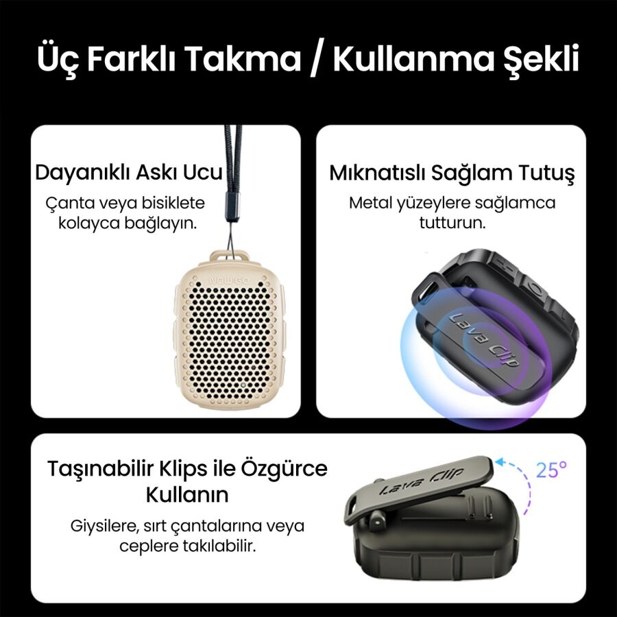 NowGo Lava Clip 5W Klipsli Su Geçirmez Taşınabilir Mini Bluetooth Hoparlör Bej - 5