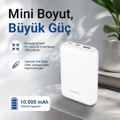 Omars 10000 mAh PD 20W Mini Powerbank Çift Çıkışlı Type-C & USB-A Beyaz - 4