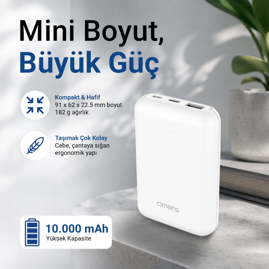Omars 10000 mAh PD 20W Mini Powerbank Çift Çıkışlı Type-C & USB-A Beyaz - 4