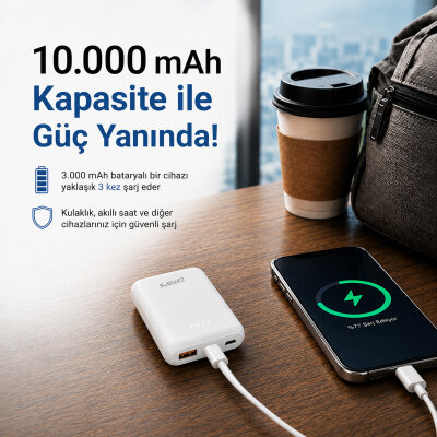 Omars 10000 mAh PD 20W Mini Powerbank Çift Çıkışlı Type-C & USB-A Beyaz - 5